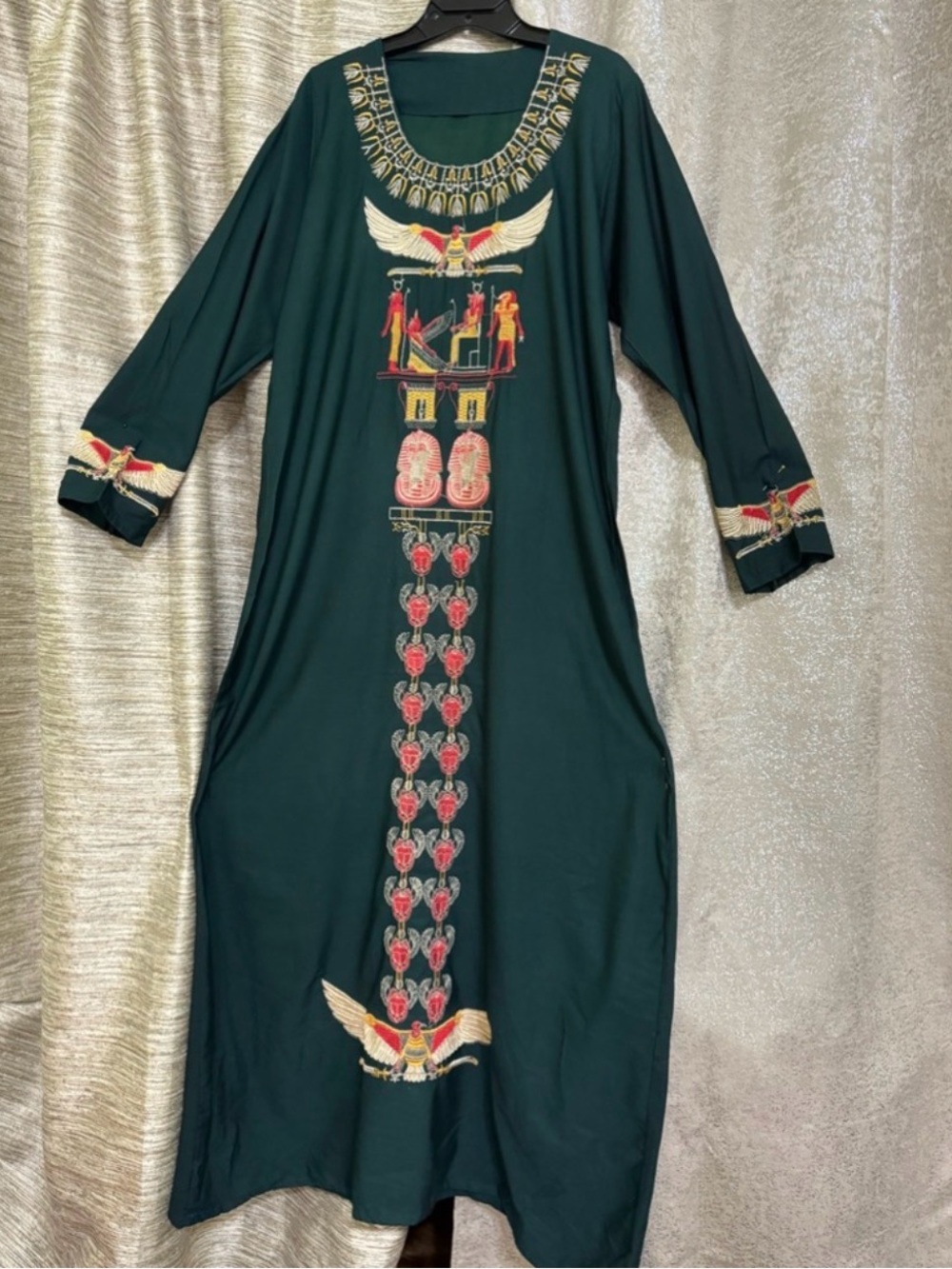 Embroidered Dark Green Egyptian-Inspired Maxi Dress
